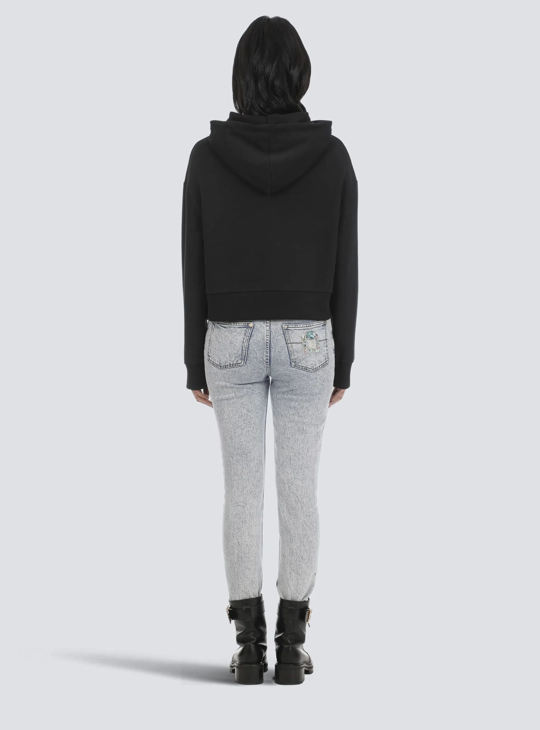 Women Balmain Cropped Eco-designed Cotton Sweatshirt With Rhinestone Logo