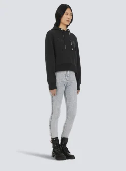 Women Balmain Cropped Eco-designed Cotton Sweatshirt With Rhinestone Logo