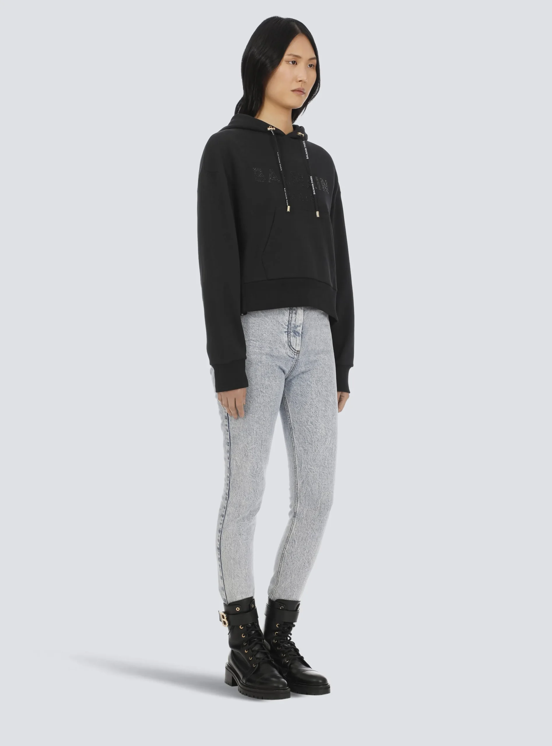Women Balmain Cropped Eco-designed Cotton Sweatshirt With Rhinestone Logo