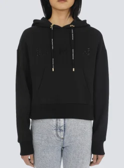 Women Balmain Cropped Eco-designed Cotton Sweatshirt With Rhinestone Logo