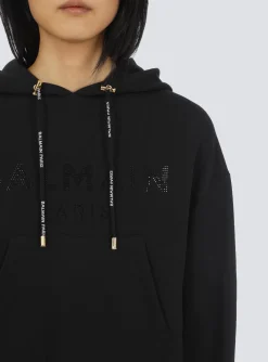 Women Balmain Cropped Eco-designed Cotton Sweatshirt With Rhinestone Logo