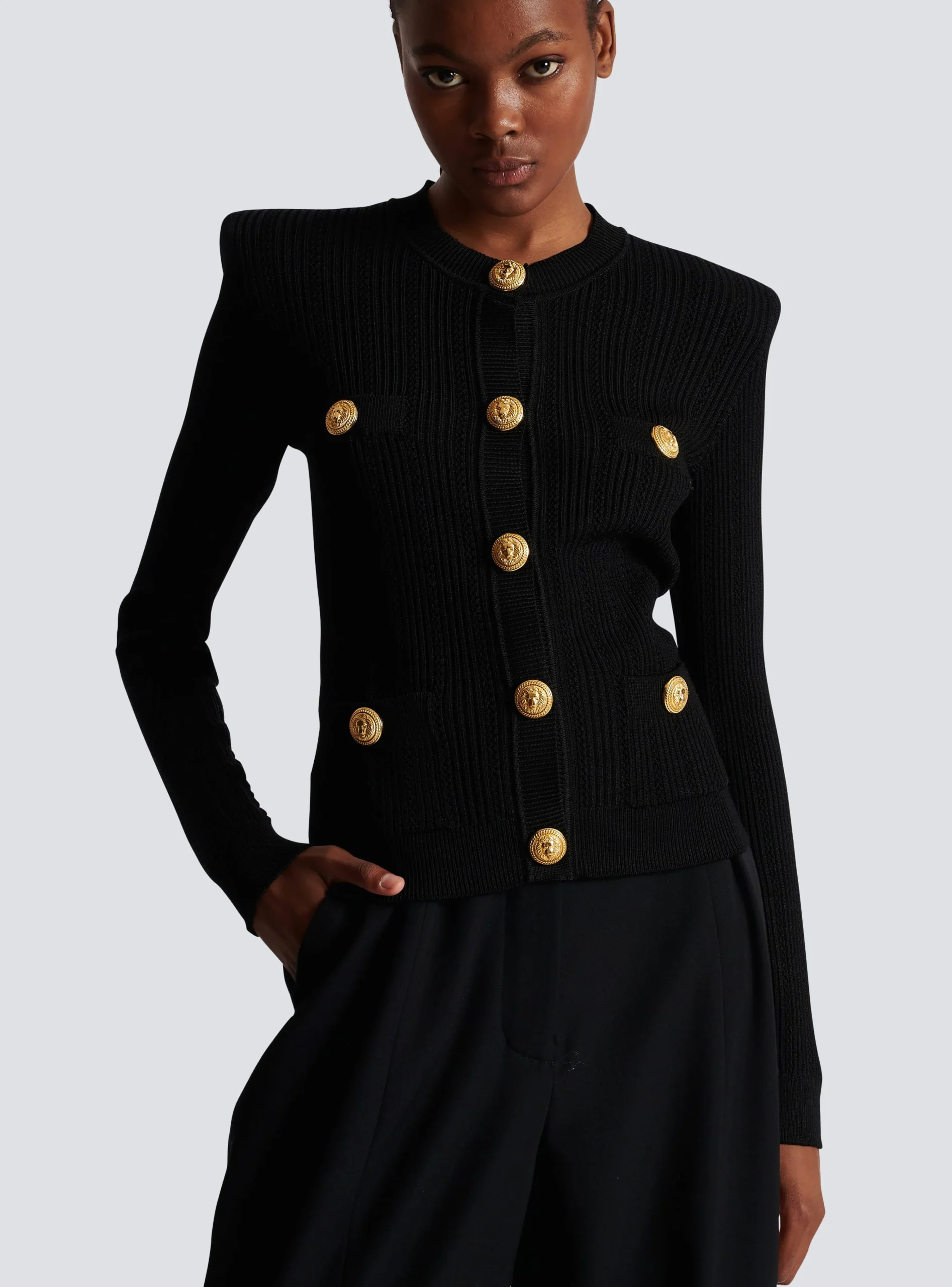Women Balmain Cropped Eco-designed Knit Cardigan With Gold-tone Buttons