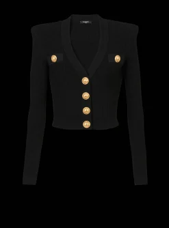 Women Balmain Cropped Eco-designed Knit Cardigan With Gold-tone Buttons