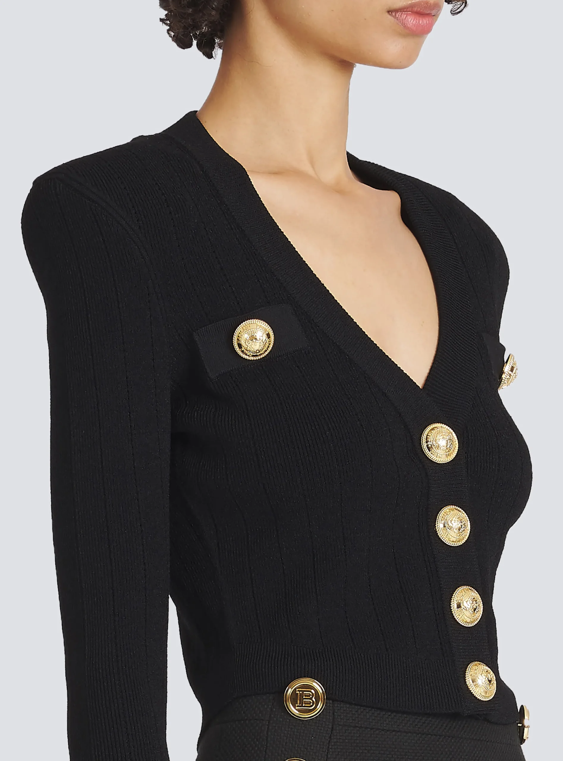 Women Balmain Cropped Eco-designed Knit Cardigan With Gold-tone Buttons