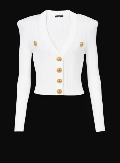 Women Balmain Cropped Eco-designed Knit Cardigan With Gold-tone Buttons