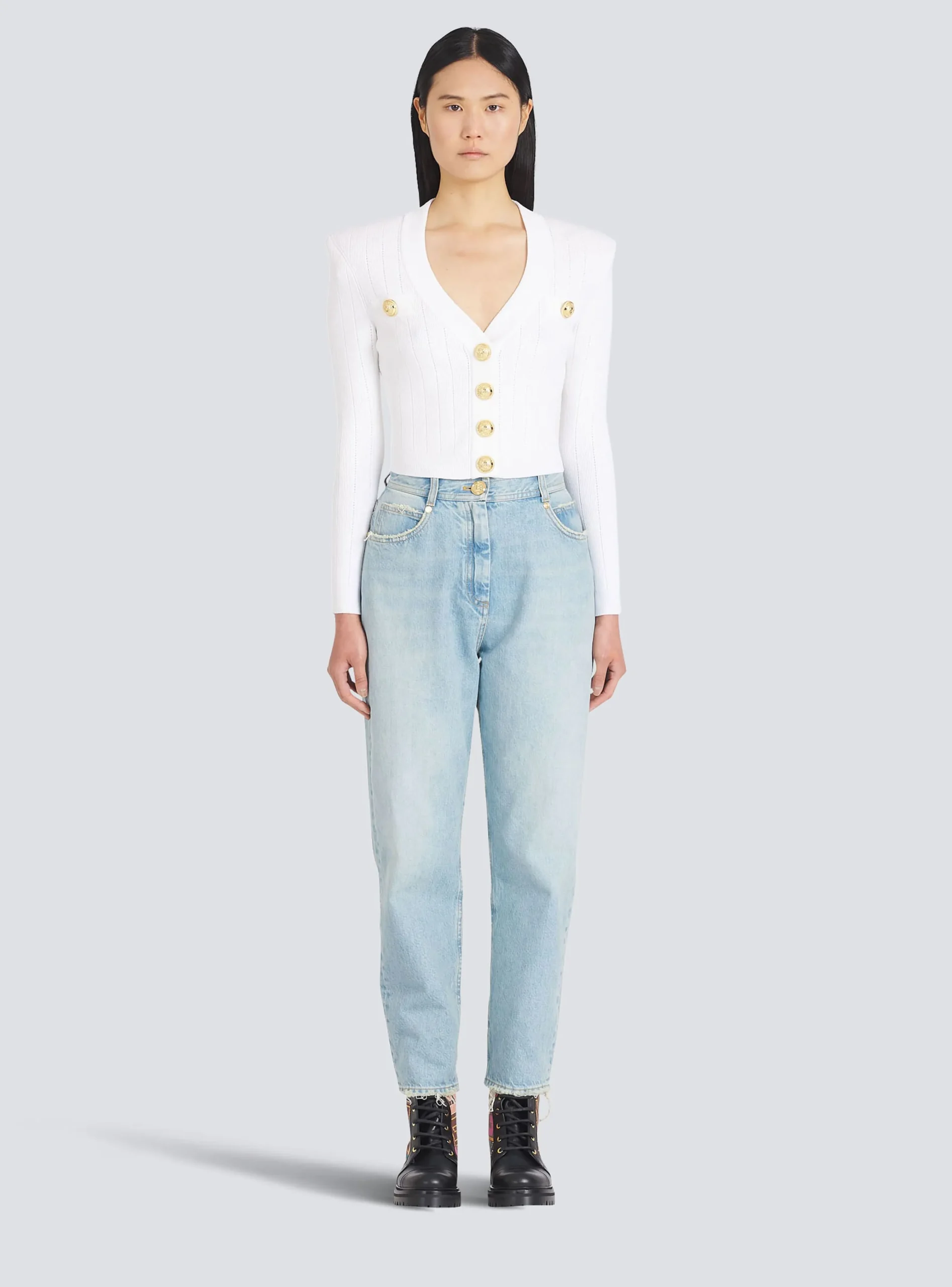 Women Balmain Cropped Eco-designed Knit Cardigan With Gold-tone Buttons