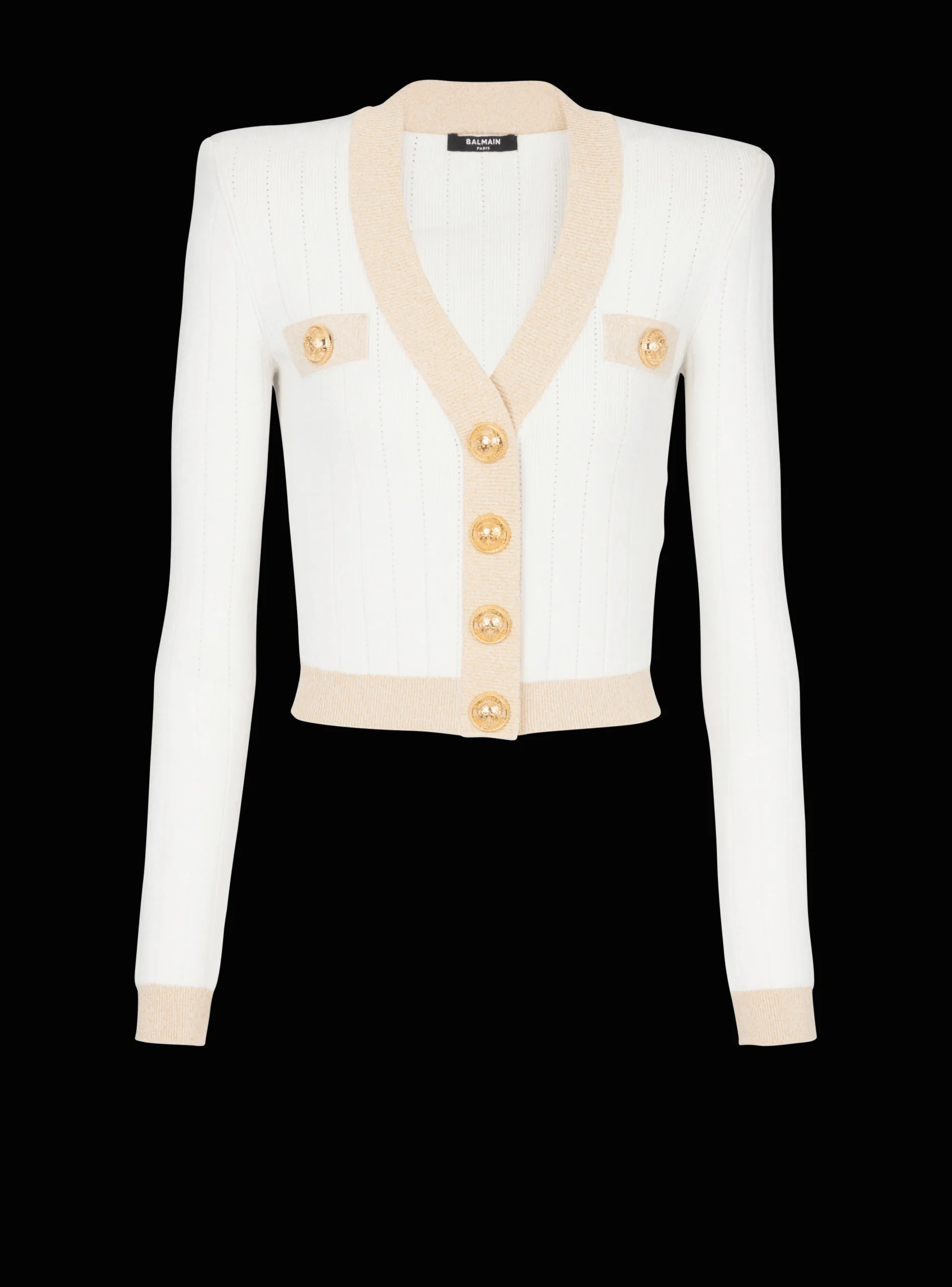 Women Balmain Cropped Knit Cardigan With Gold Trim