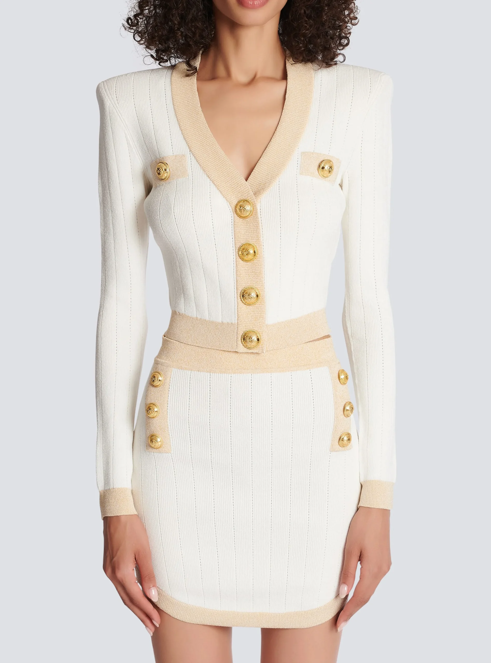 Women Balmain Cropped Knit Cardigan With Gold Trim