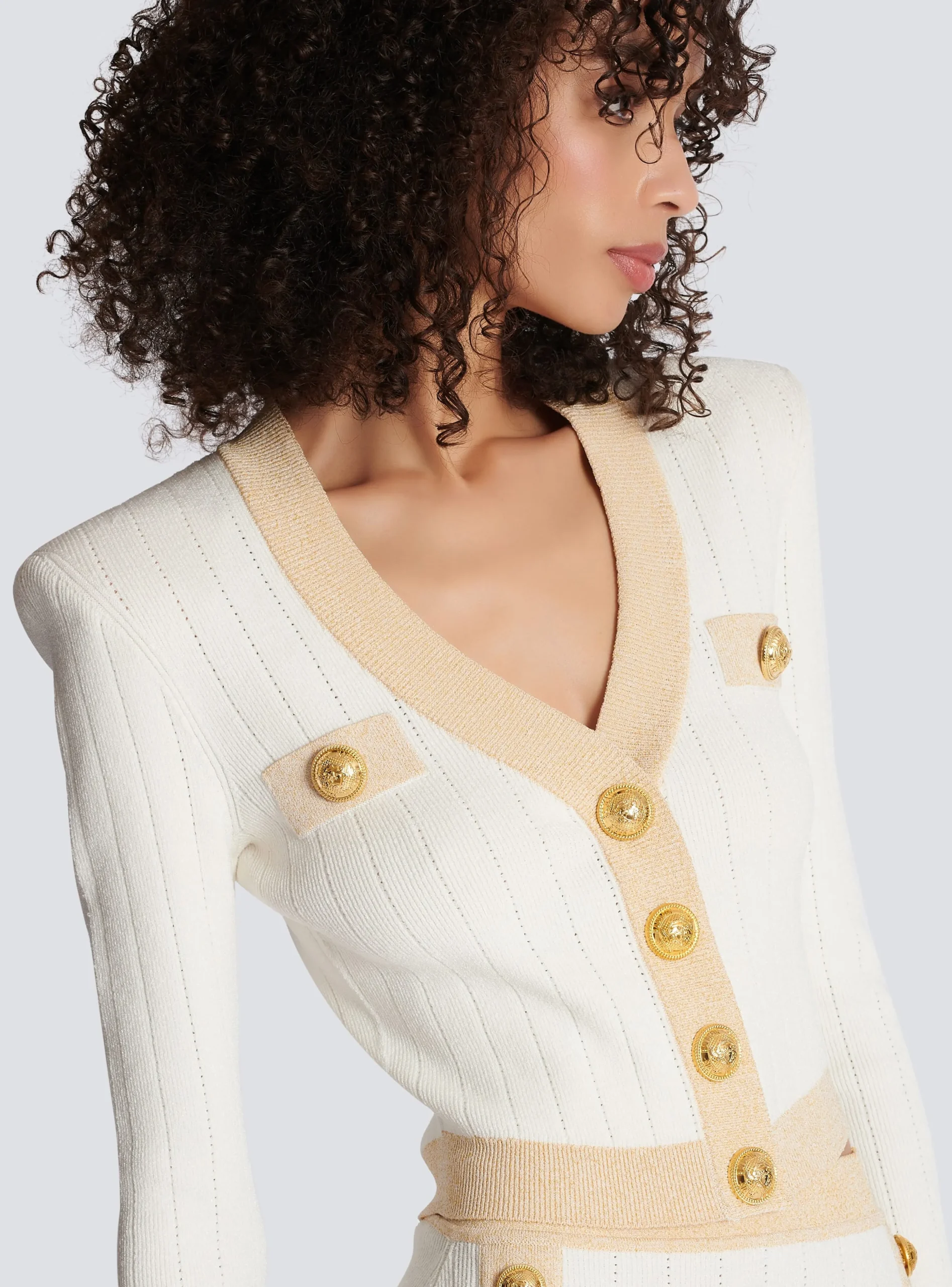 Women Balmain Cropped Knit Cardigan With Gold Trim