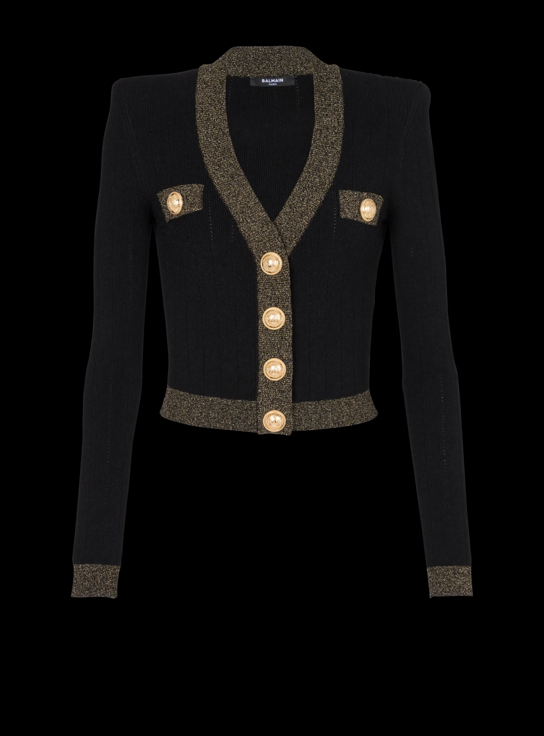 Women Balmain Cropped Knit Cardigan With Gold Trim