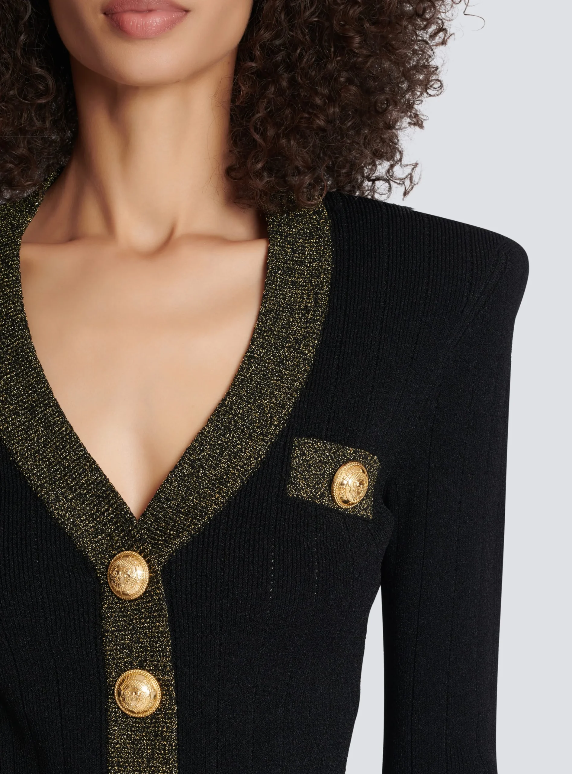 Women Balmain Cropped Knit Cardigan With Gold Trim