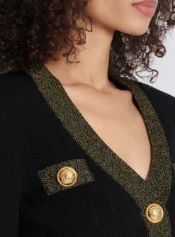Women Balmain Cropped Knit Cardigan With Gold Trim