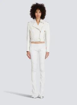 Women Balmain Cropped Leather Biker Jacket