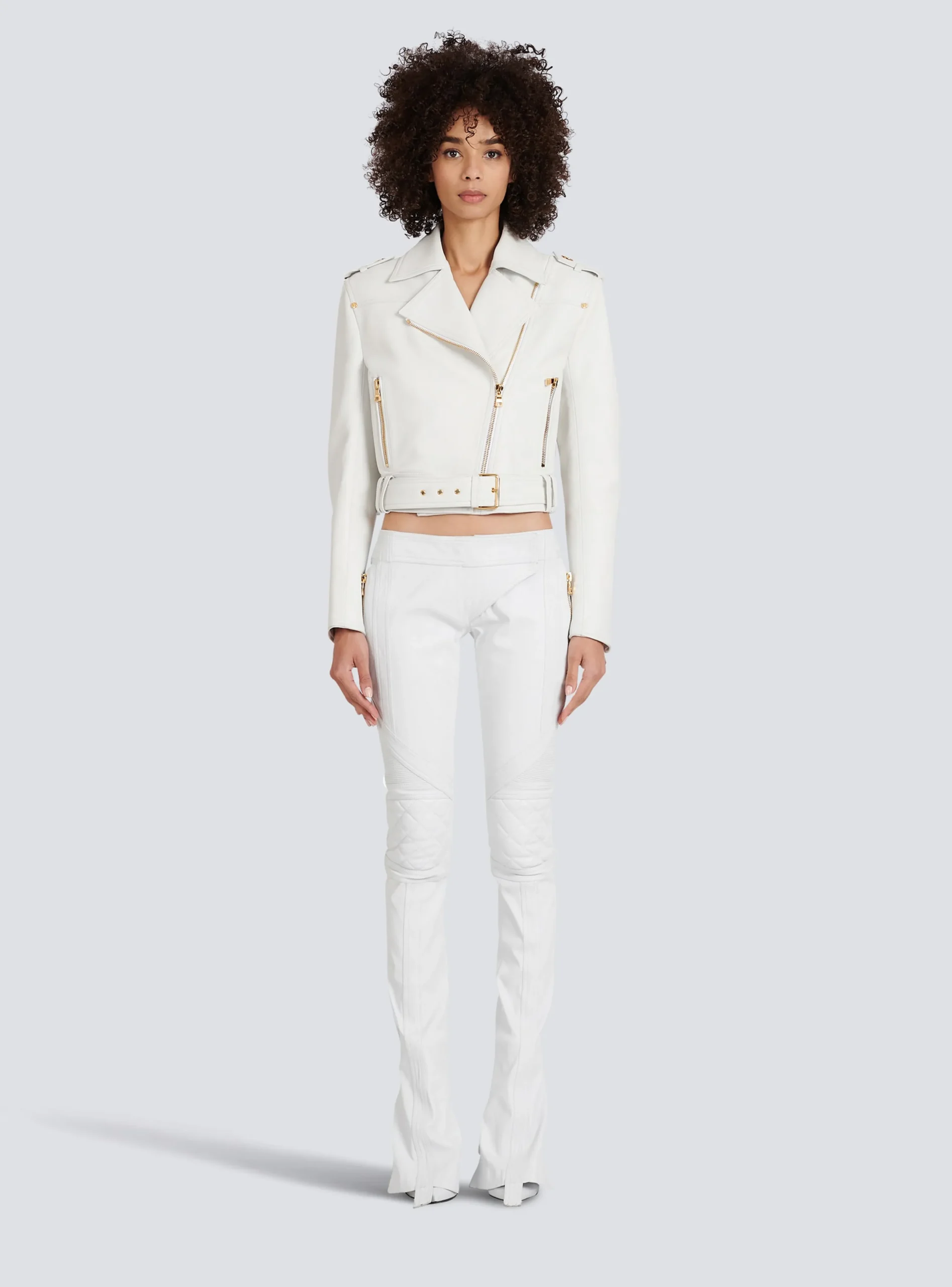 Women Balmain Cropped Leather Biker Jacket