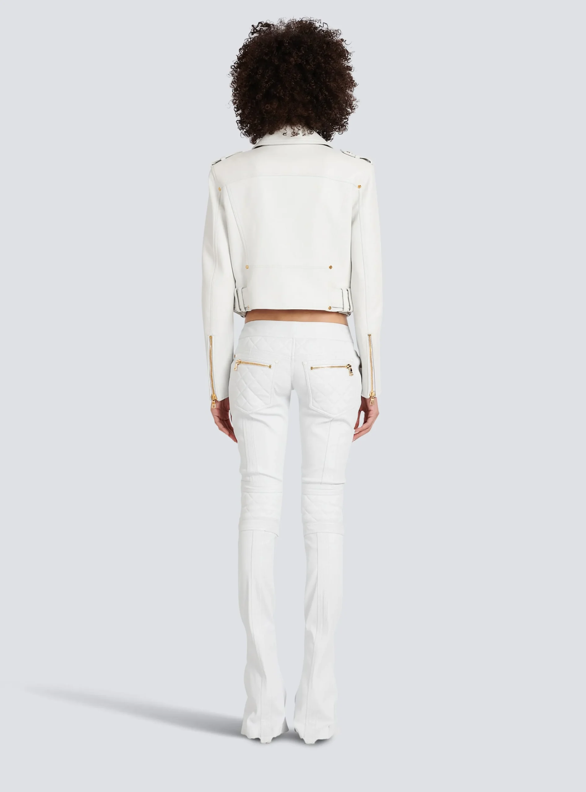 Women Balmain Cropped Leather Biker Jacket