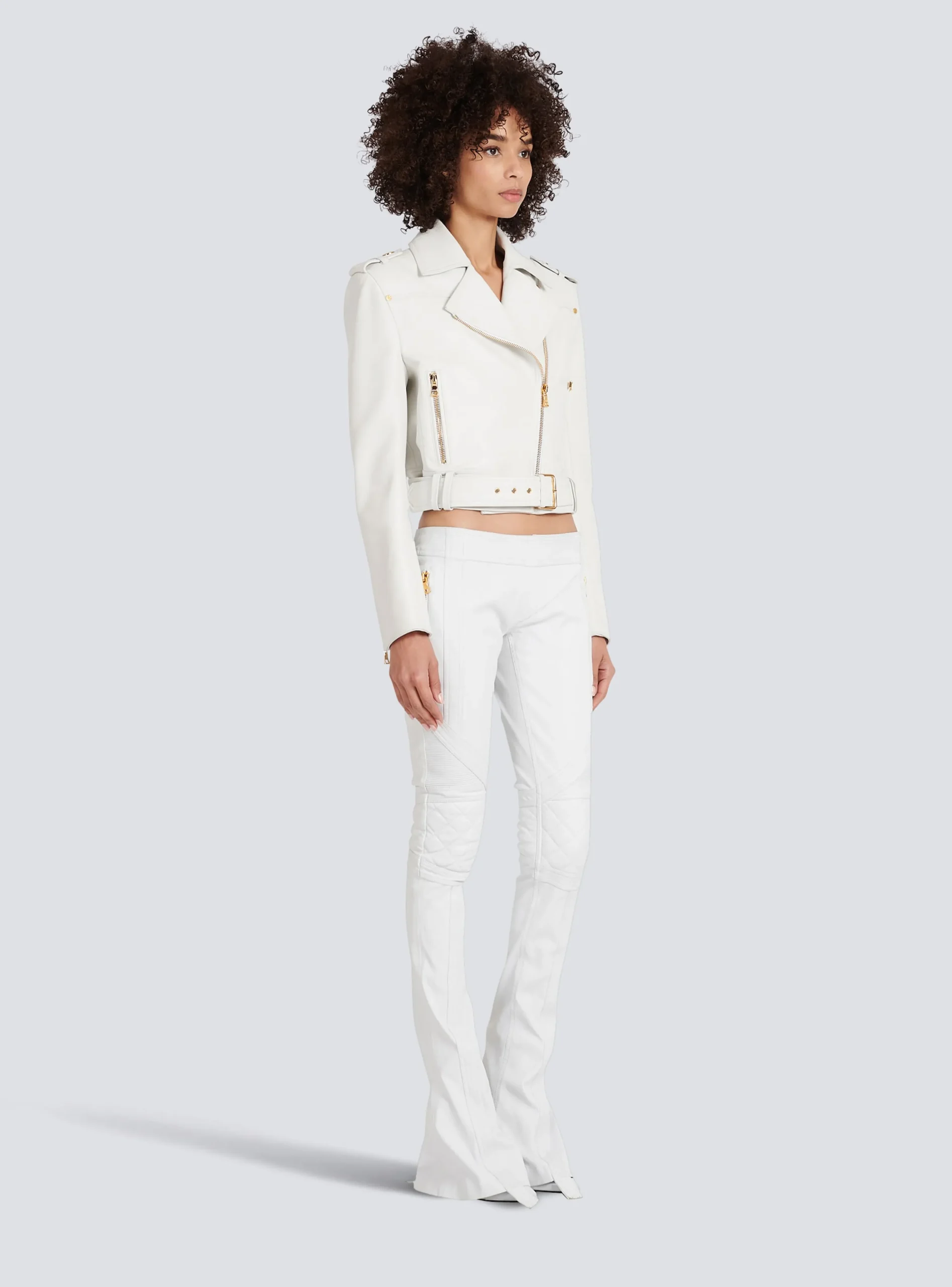Women Balmain Cropped Leather Biker Jacket