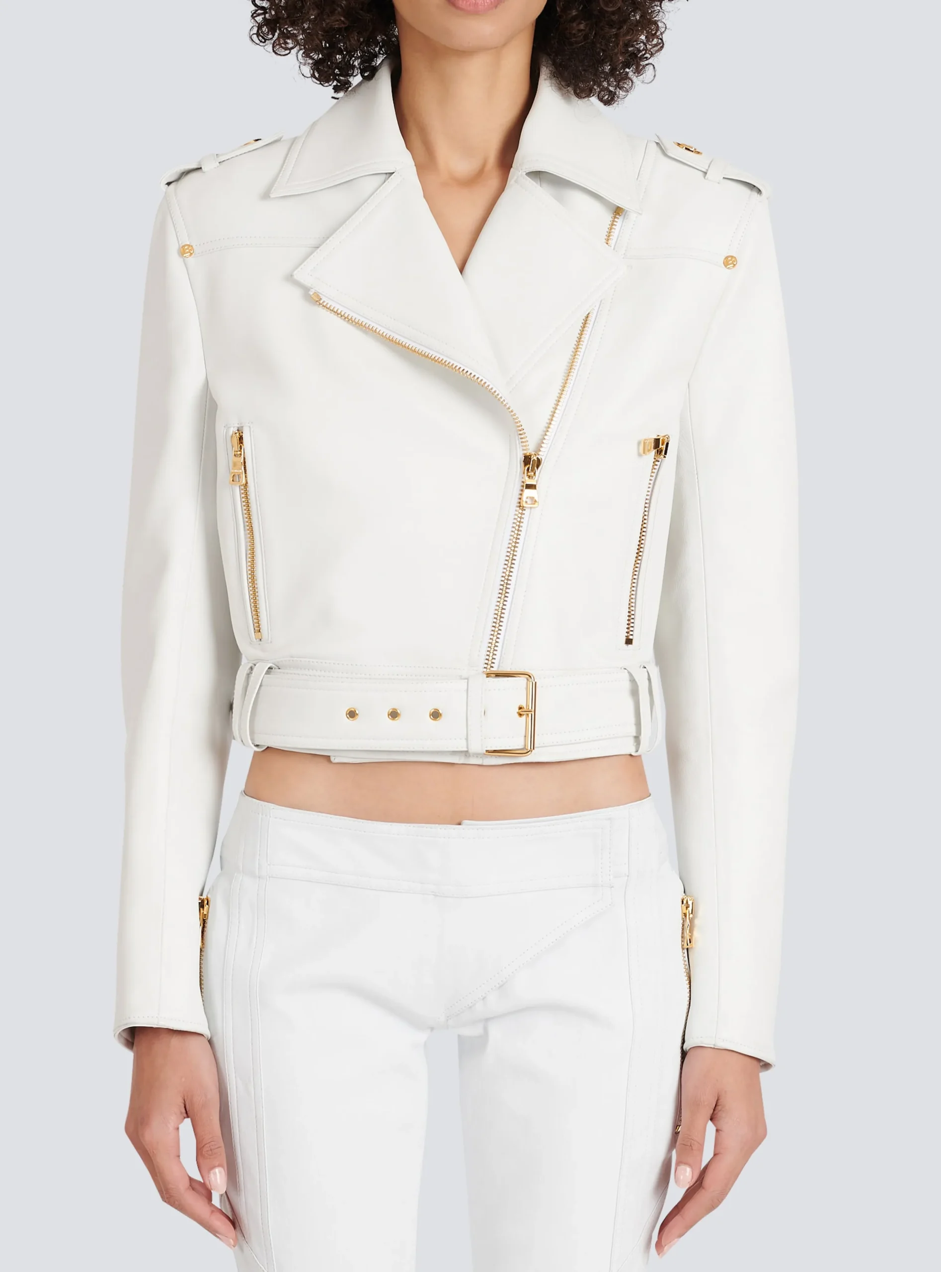 Women Balmain Cropped Leather Biker Jacket