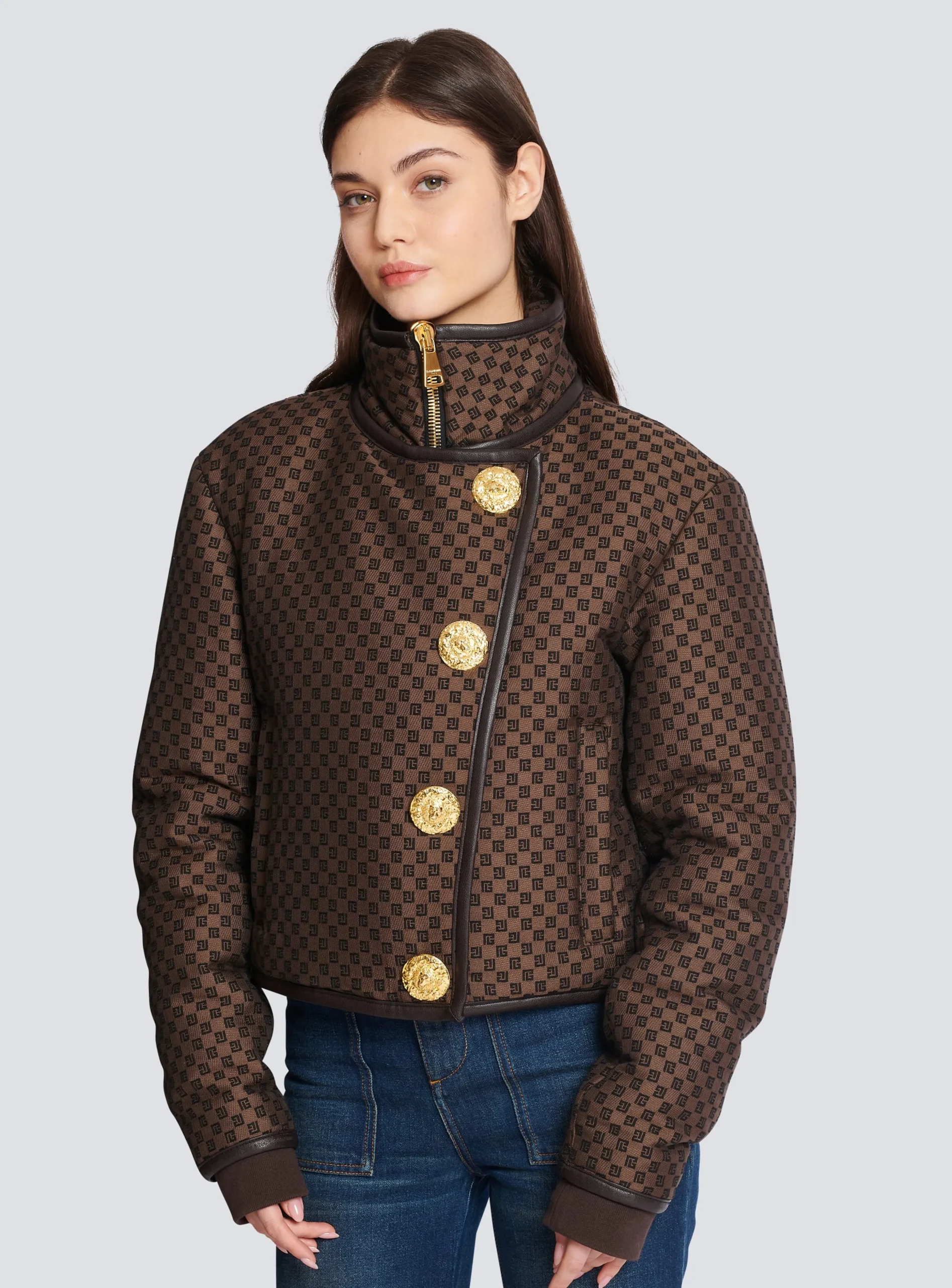 Women Balmain Cropped Mini Monogram Jacket