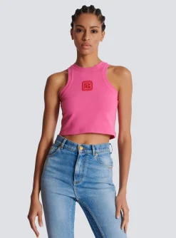 Women Balmain Cropped Tank Top With Retro PB Embroidery