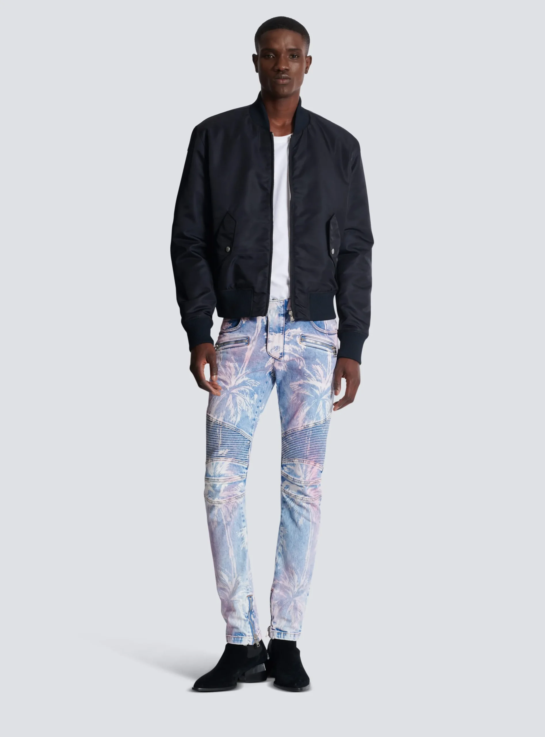 Balmain Denim Biker Jeans With A Palm Tree Print