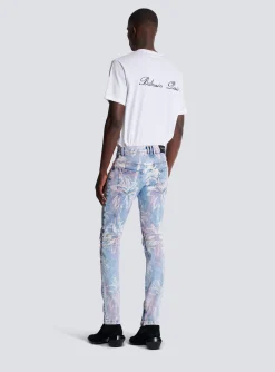 Balmain Denim Biker Jeans With A Palm Tree Print