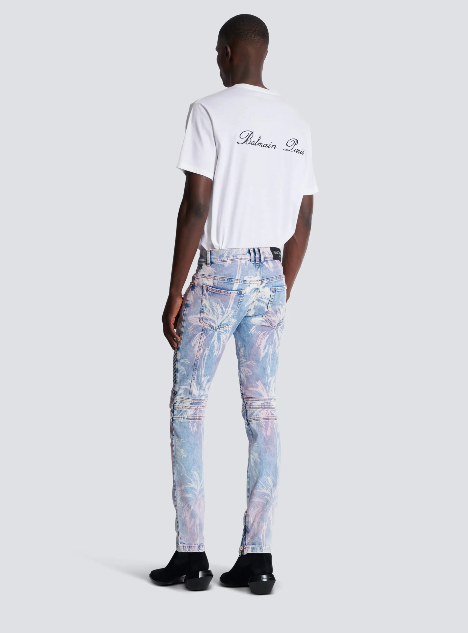 Balmain Denim Biker Jeans With A Palm Tree Print