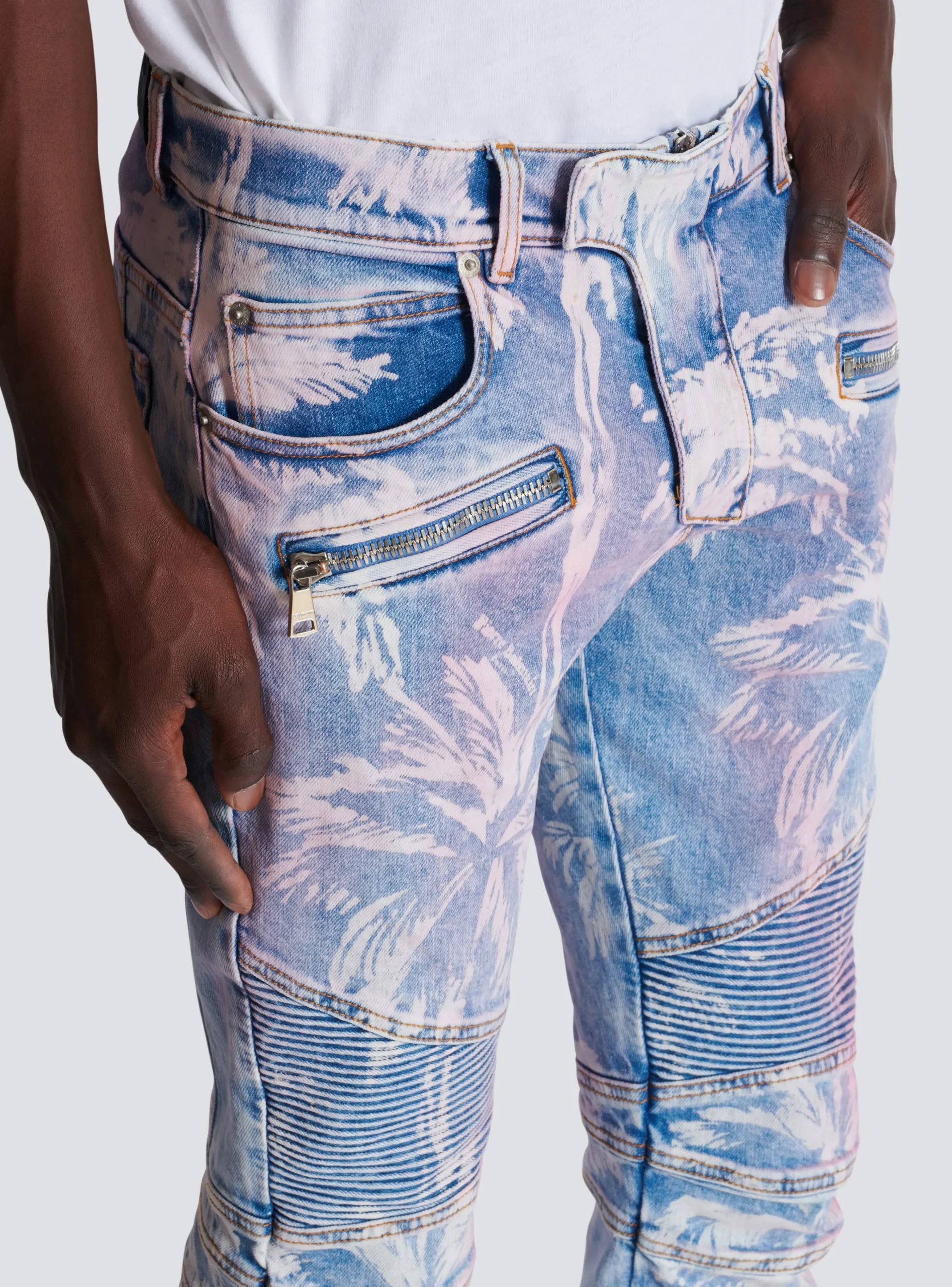 Balmain Denim Biker Jeans With A Palm Tree Print