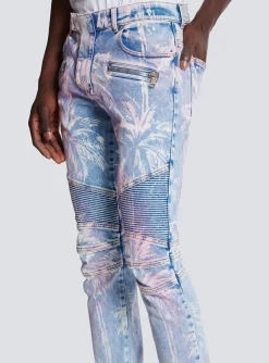 Balmain Denim Biker Jeans With A Palm Tree Print