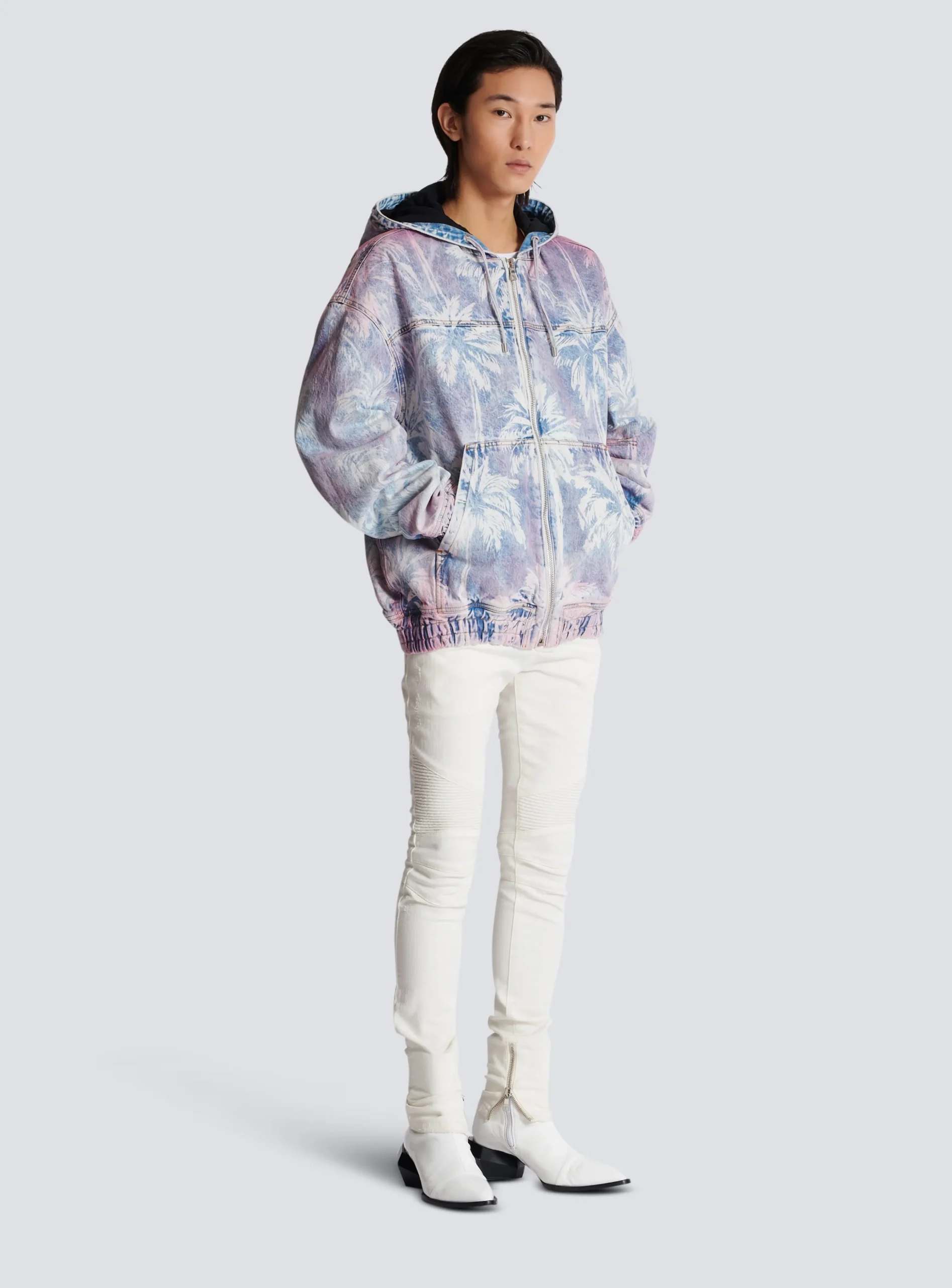 Balmain Denim Hooded Bomber Jacket With Palm Tree Print