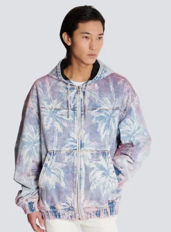 Balmain Denim Hooded Bomber Jacket With Palm Tree Print