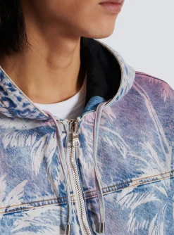 Balmain Denim Hooded Bomber Jacket With Palm Tree Print