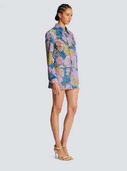 Women Balmain Denim Jacket With Pastel Roses Print