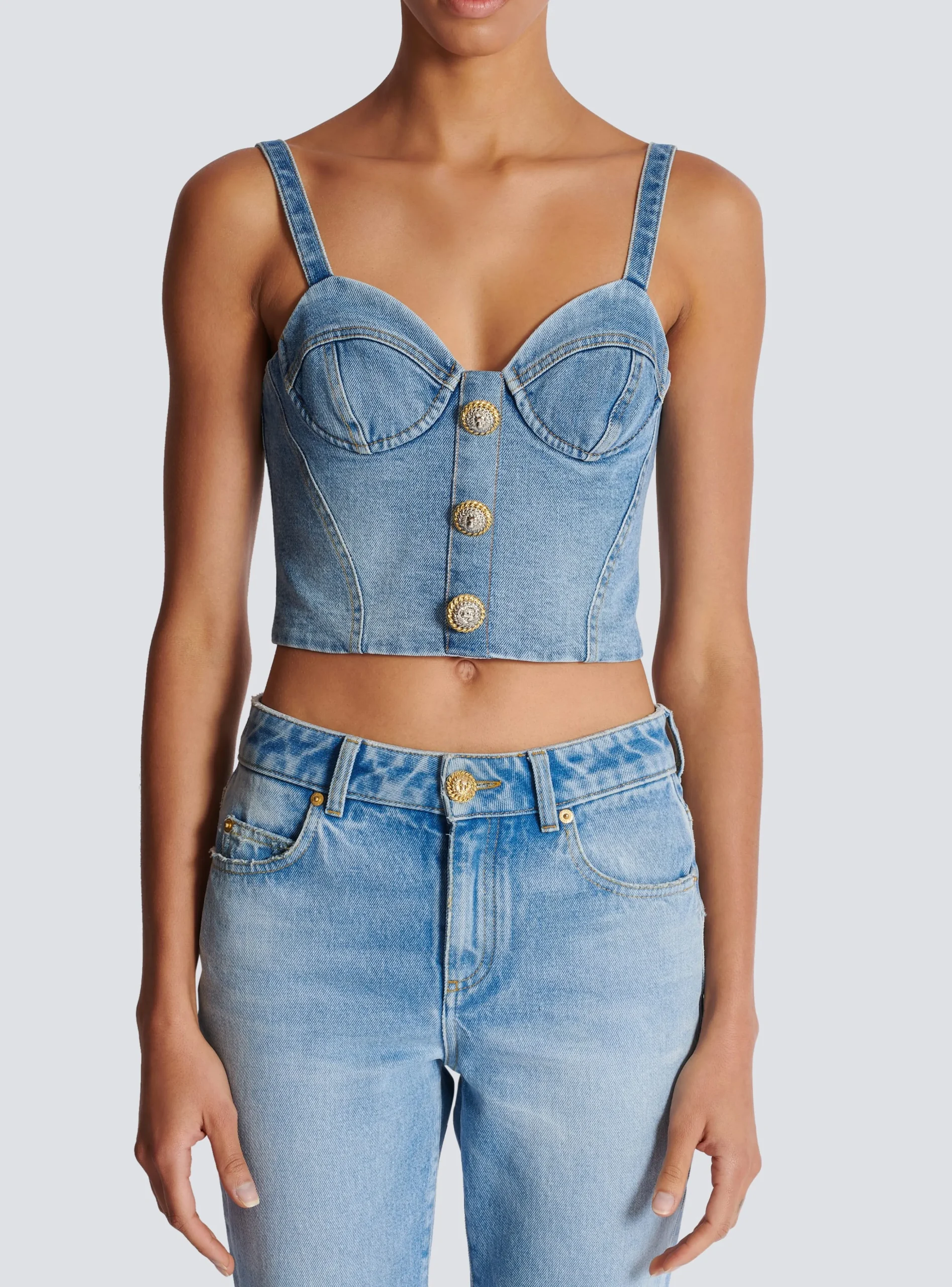 Women Balmain Denim Top With Thin Straps