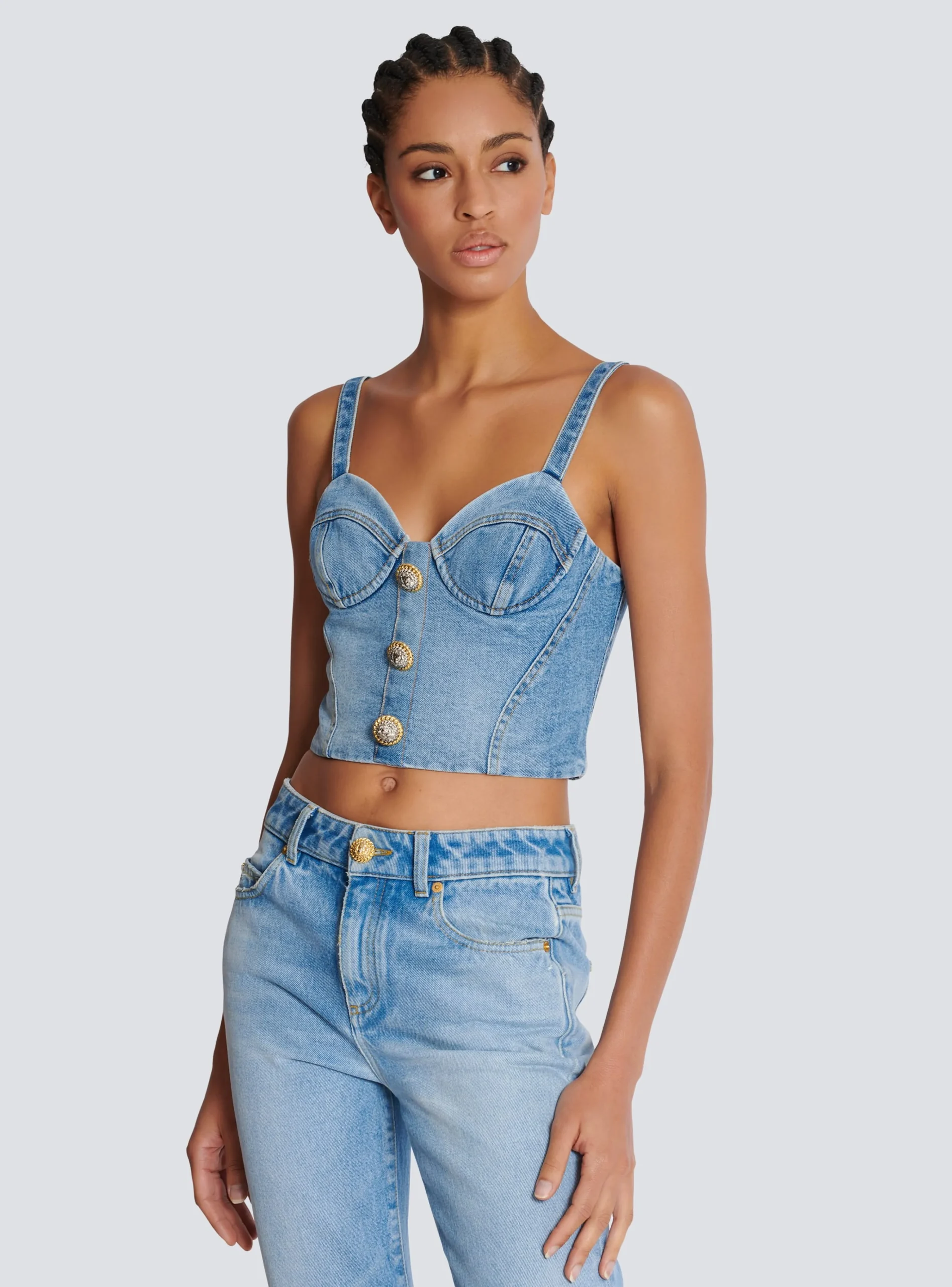 Women Balmain Denim Top With Thin Straps