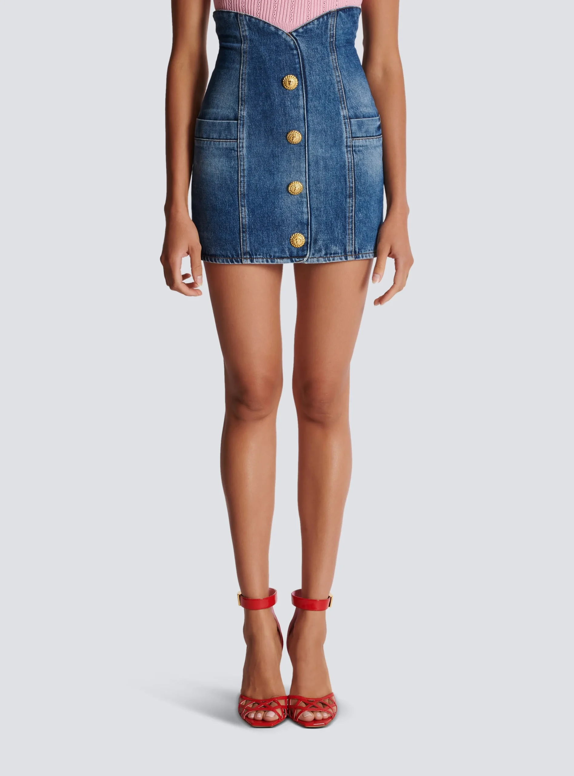 Women Balmain Denim Tulip Skirt With Buttons