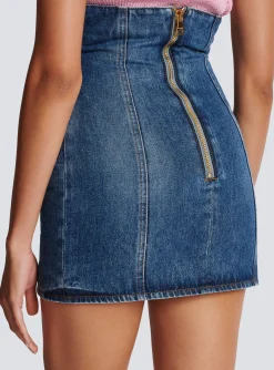Women Balmain Denim Tulip Skirt With Buttons
