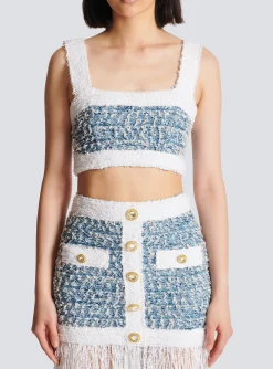Women Balmain Denim Tweed Strappy Top