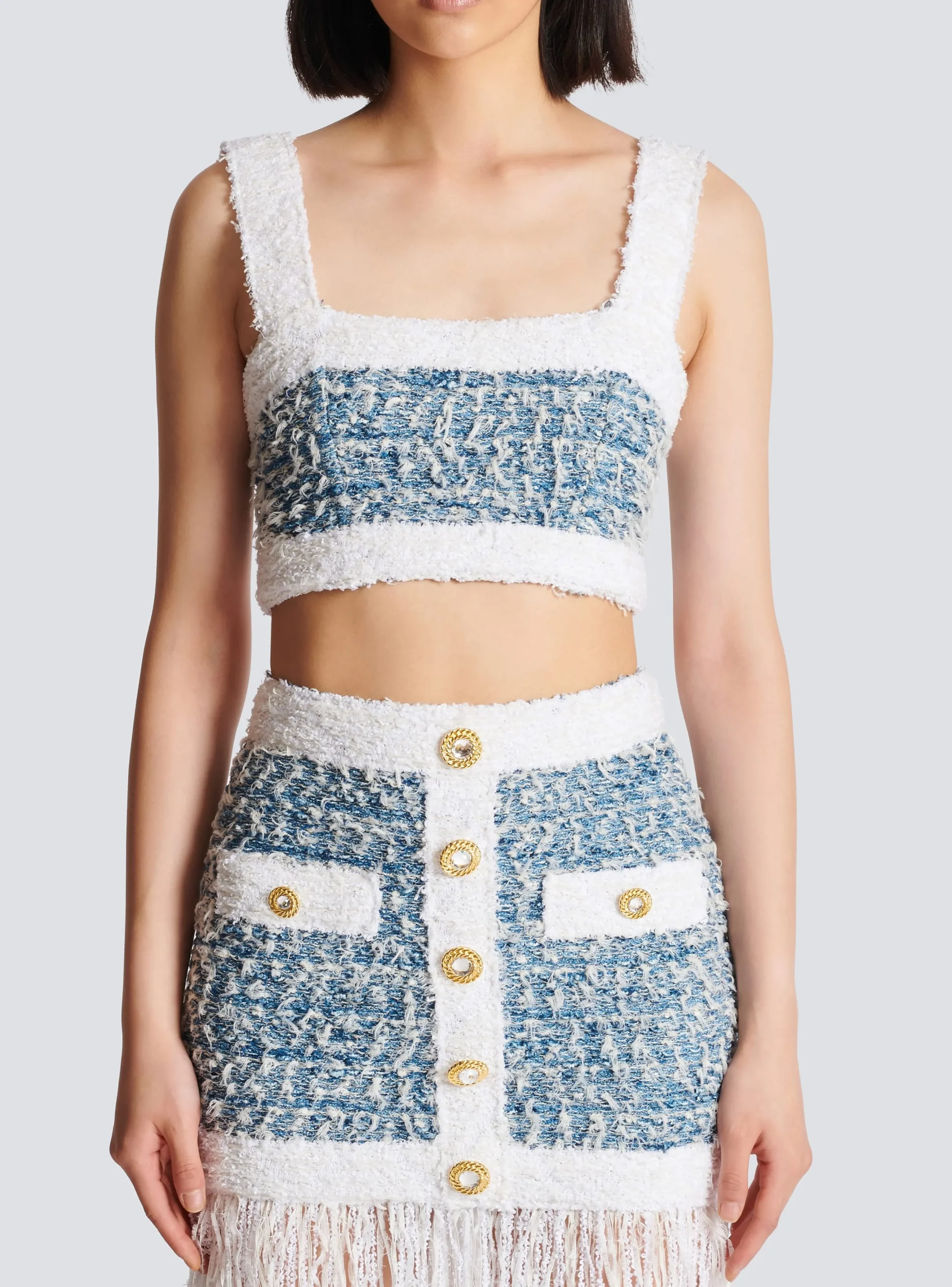 Women Balmain Denim Tweed Strappy Top