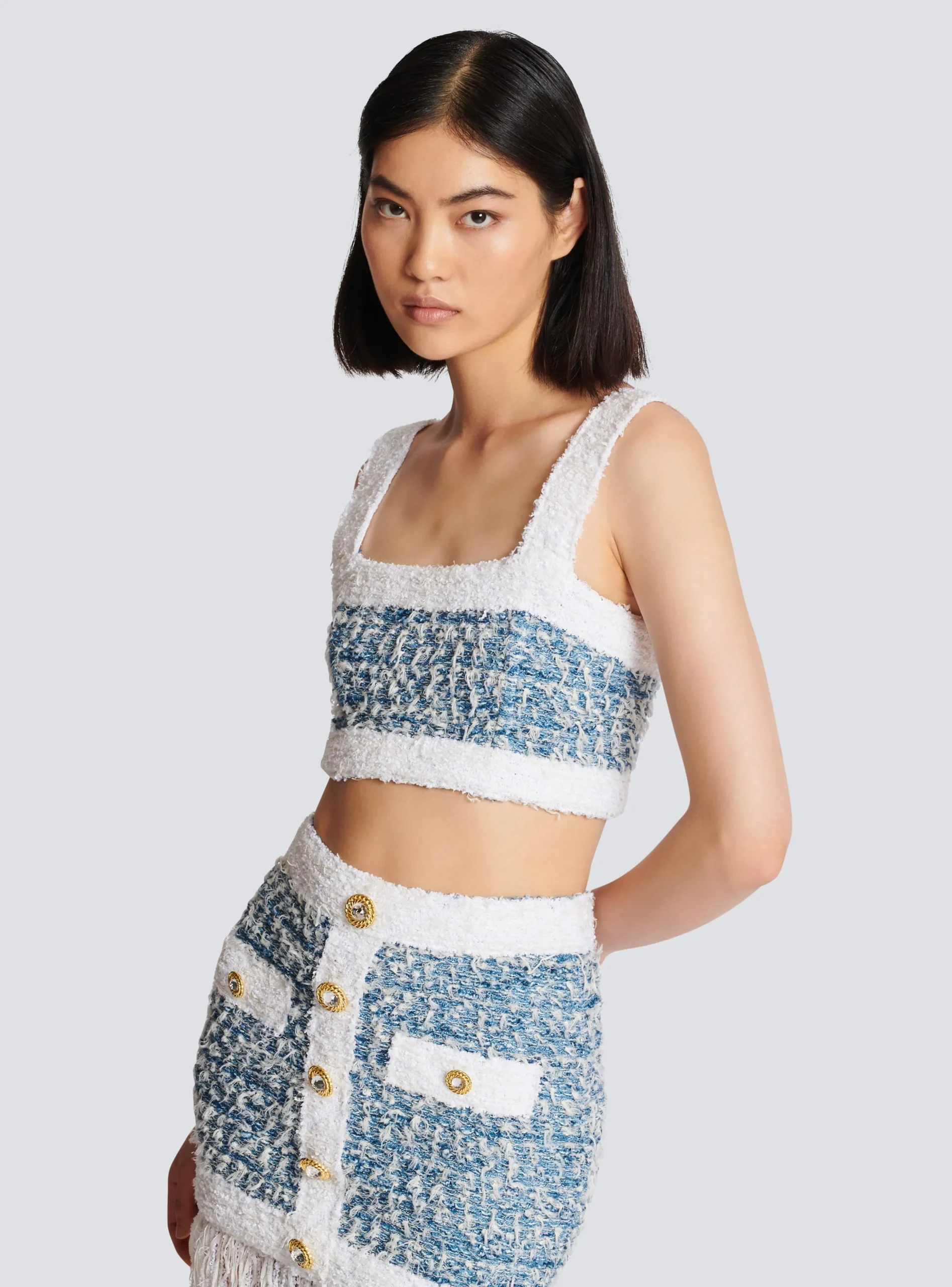 Women Balmain Denim Tweed Strappy Top