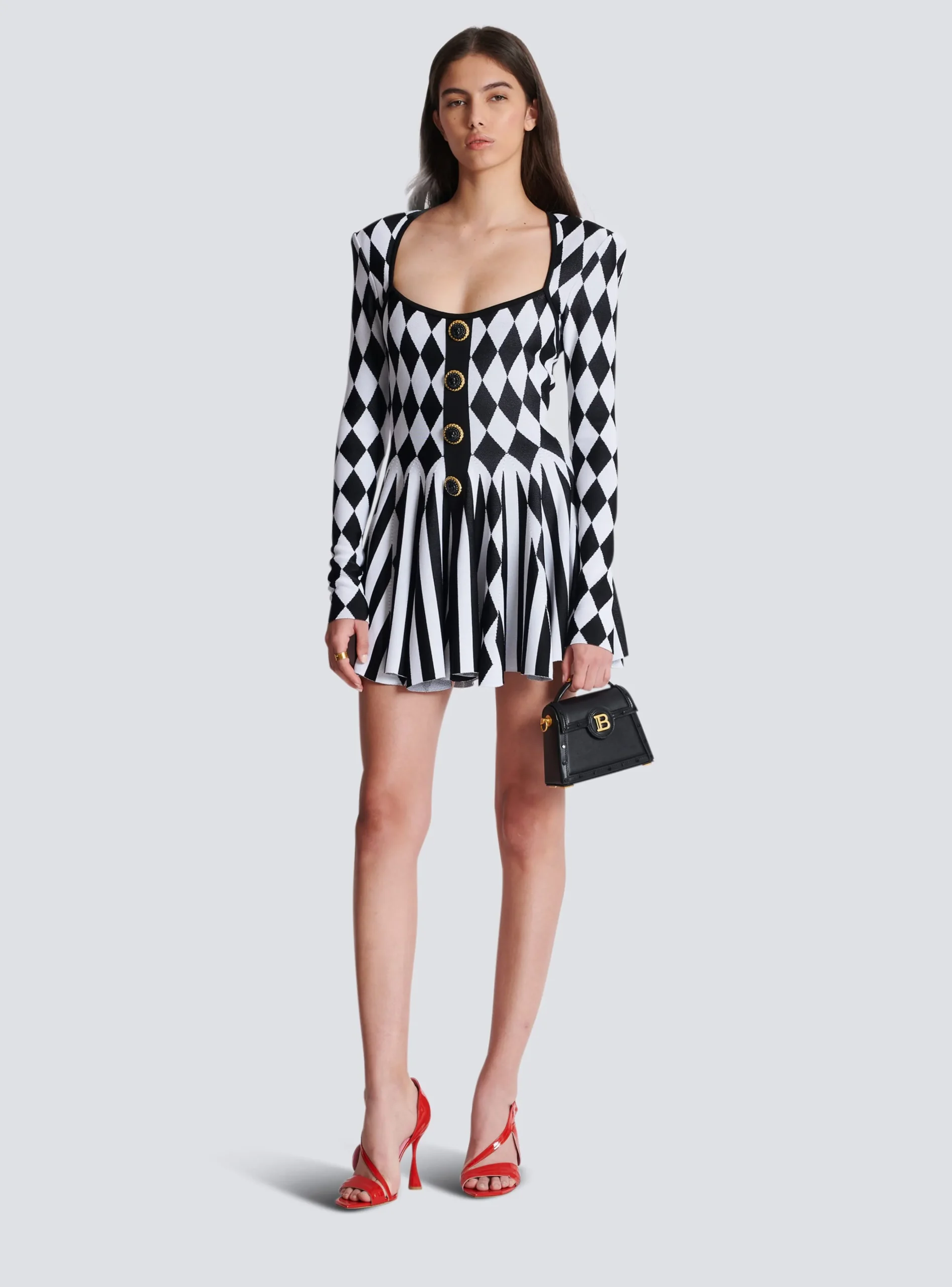 Women Balmain Diamond Jacquard Flared Knit Dress