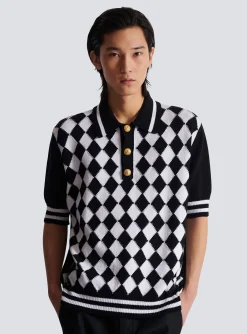 Balmain Diamond Polo Shirt In Two-tone Cotton