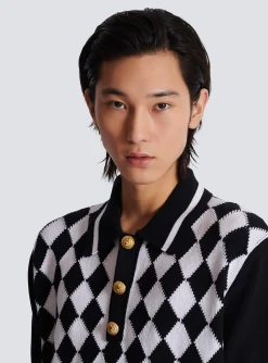 Balmain Diamond Polo Shirt In Two-tone Cotton