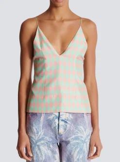 Women Balmain Diamond Print Silk Top