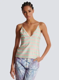 Women Balmain Diamond Print Silk Top