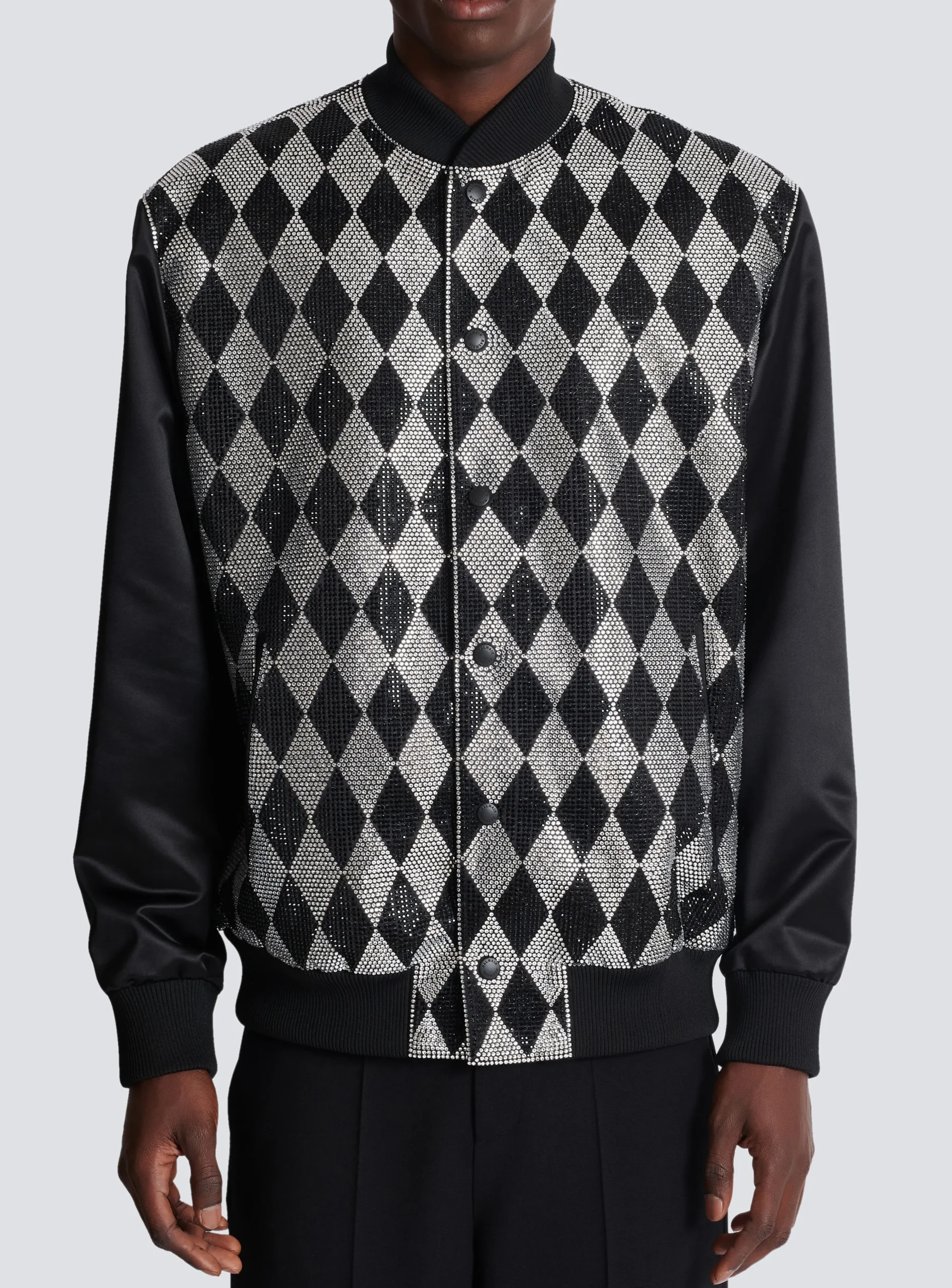 Balmain Diamond Satin Bomber Jacket With Rhinestones