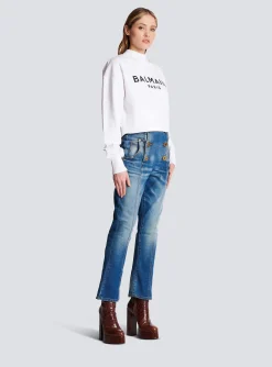 Women Balmain Eco-responsible Cotton Cropped Sweatshirt With Logo Print