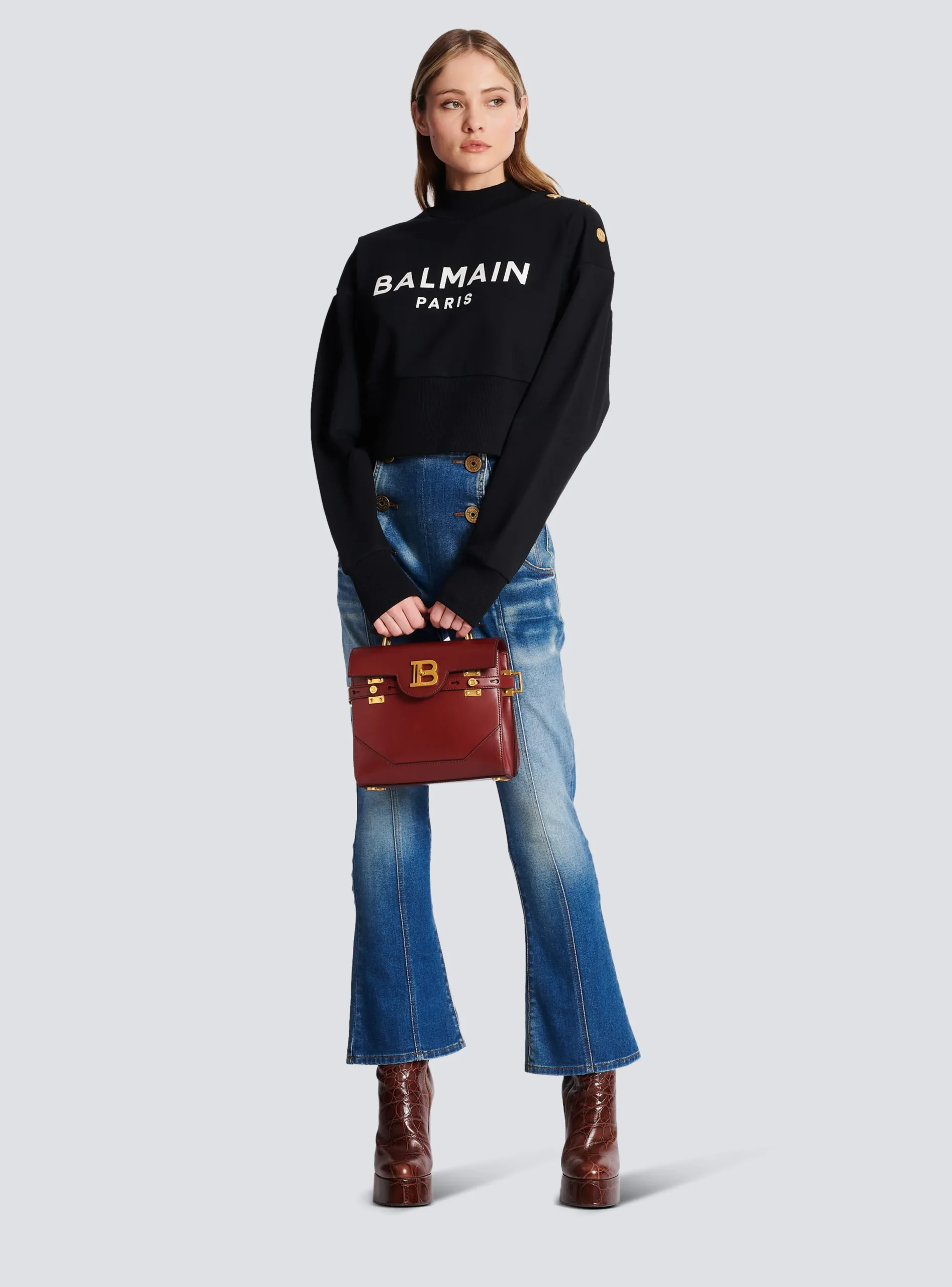 Women Balmain Eco-responsible Cotton Cropped Sweatshirt With Logo Print