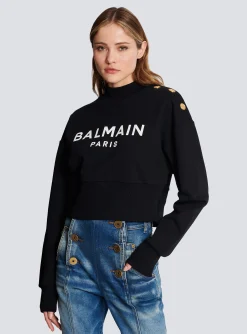 Women Balmain Eco-responsible Cotton Cropped Sweatshirt With Logo Print