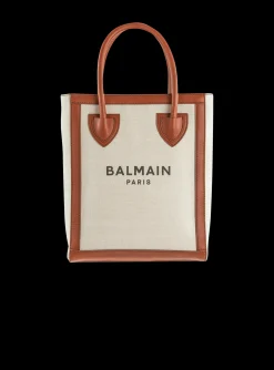 Women Balmain Ecru Canvas B-Army 26 Bag With Brown Leather Panels