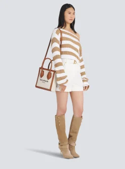 Women Balmain Ecru Canvas B-Army 26 Bag With Brown Leather Panels